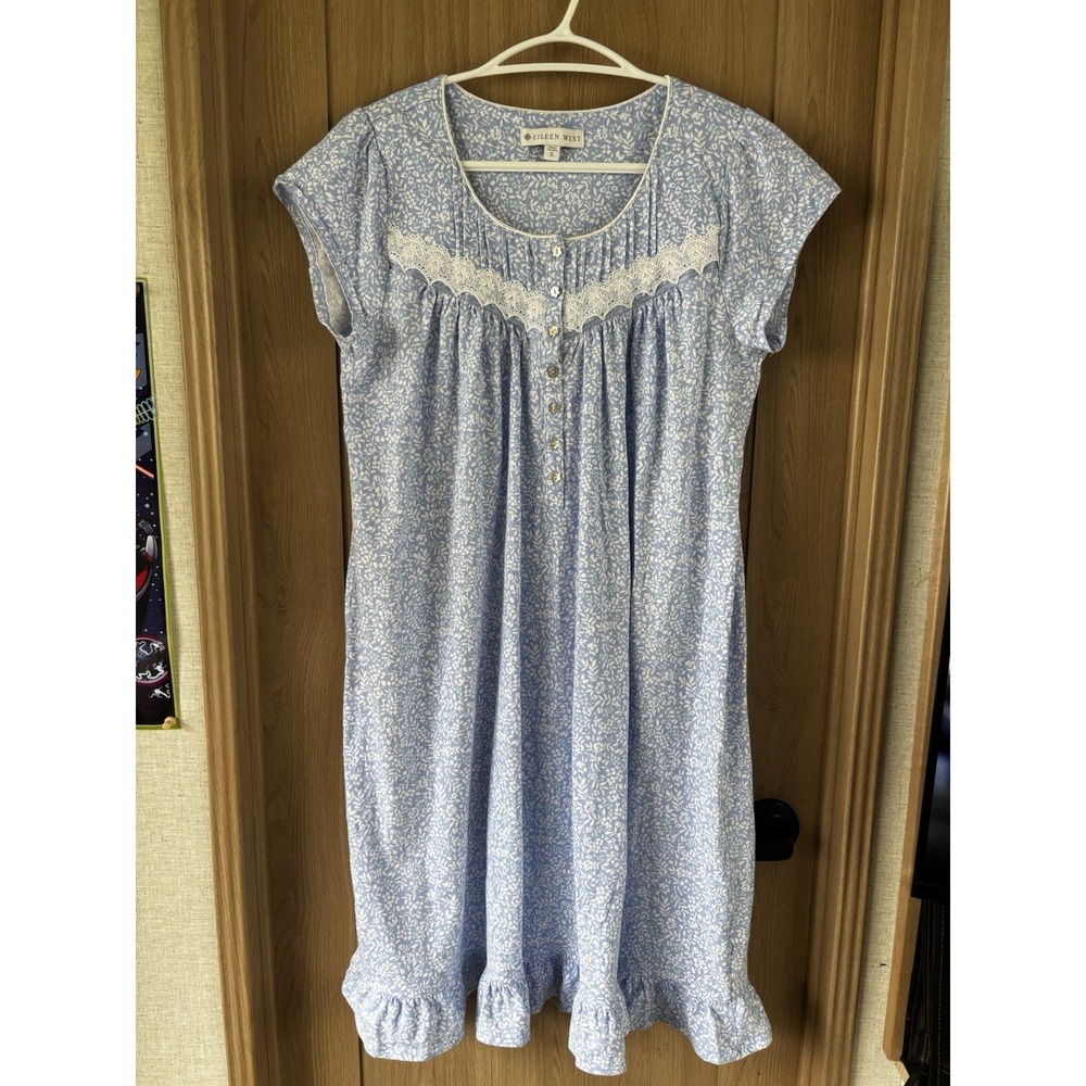 Eileen West Floral‎ Waltz Nightgown Lace Trim Short Sleeve Size S Blue White